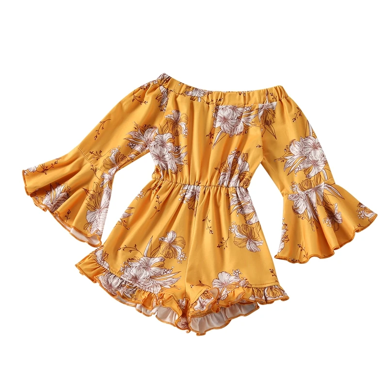 

Girls Casual Off-the-shoulder Jumpsuit, Ginger Floral Printed Pattern Long Flared Sleeves Overalls, 2-7 Years