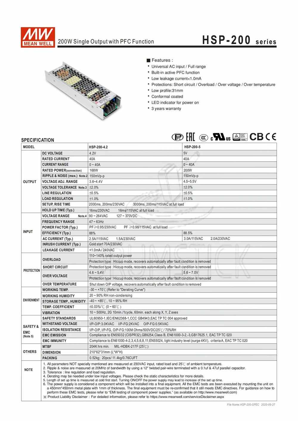 Специальное предложение означает хорошо HSP-200-5 5 в 40 А meanwell HSP-200 В 200 Вт Один выход с