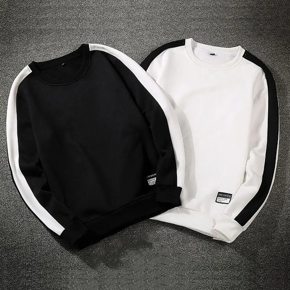 

Black White Solid Men 2021 Loose Casual Sweatshirts Men's Style Casual Fashion Patchwork O-Neck Long SleevesTop Blouse Hoodie
