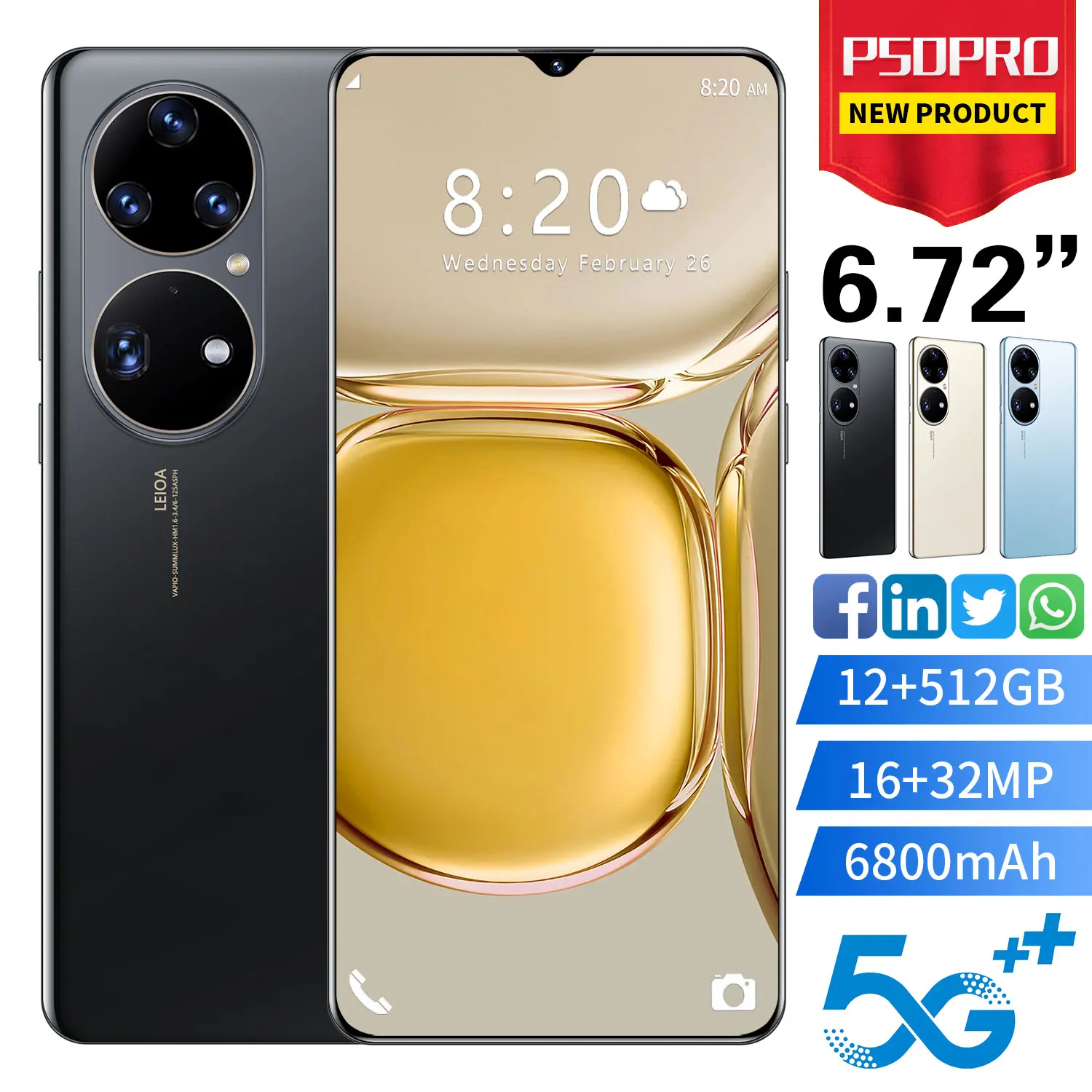 

Newest Phone P50 Pro 16GB+512GB Unlocked 5G Phone Android 10 6.72 Inch 4G/5G Network 16MP+32MP HD Camera 6800Mah Cell Phone GPS