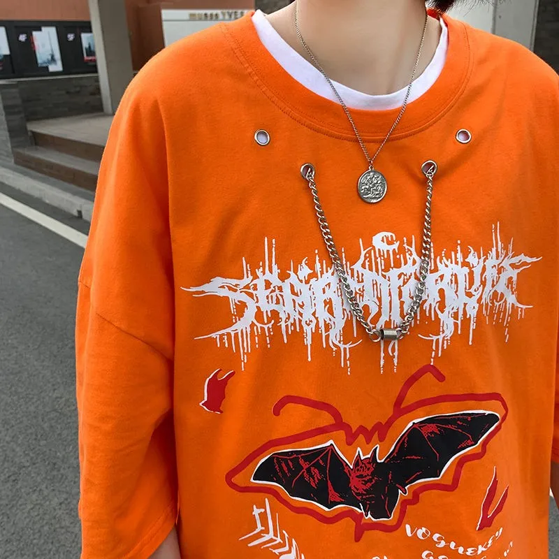 

Loose short-sleeved t-shirts Summer ins Korean orange bat printing female hip-hop half-sleeved tops men and women lovers
