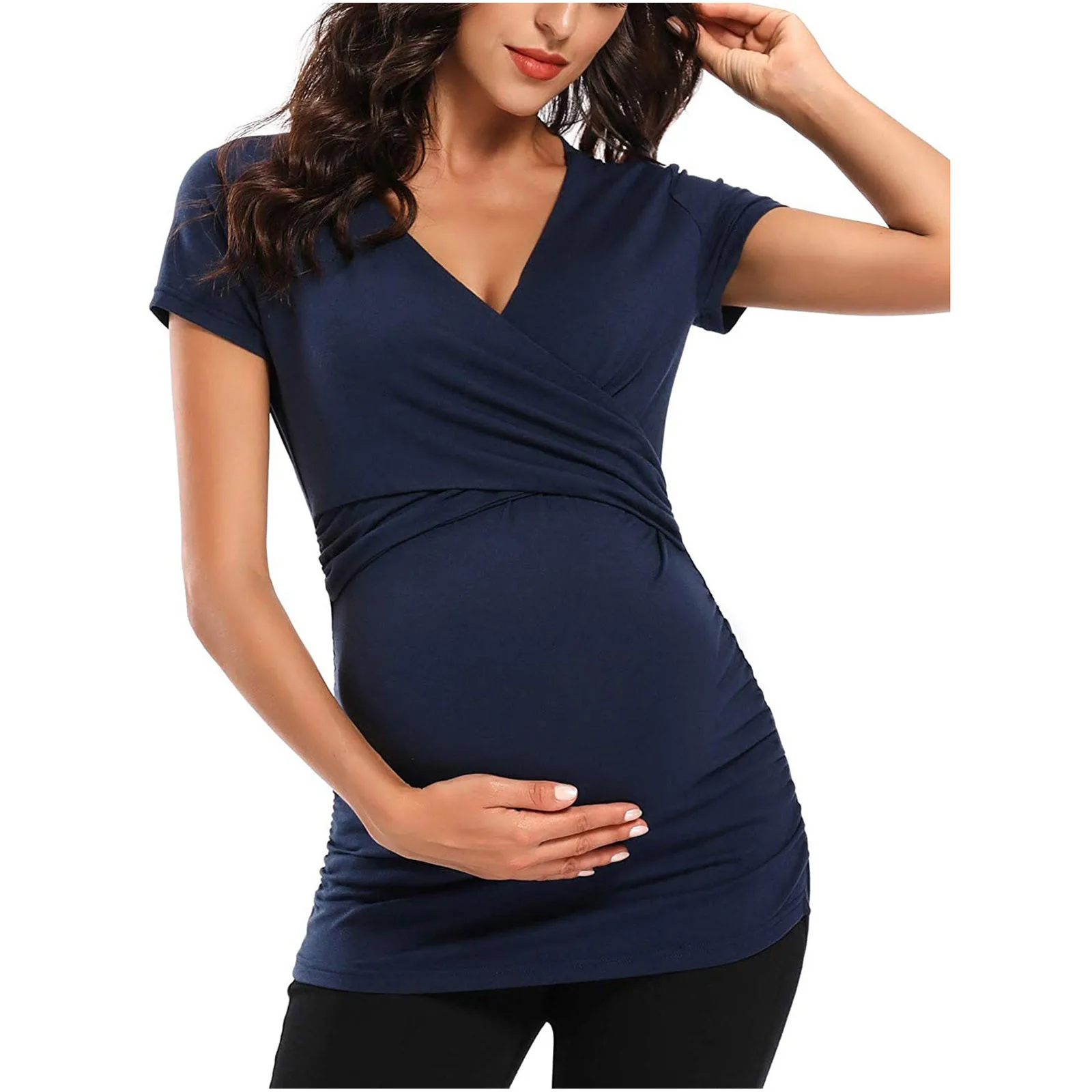 

Summer women's fashion maternidadV-neck solid color strapless loose polka dot decoration short-sleeved tops for breastfeeding F4