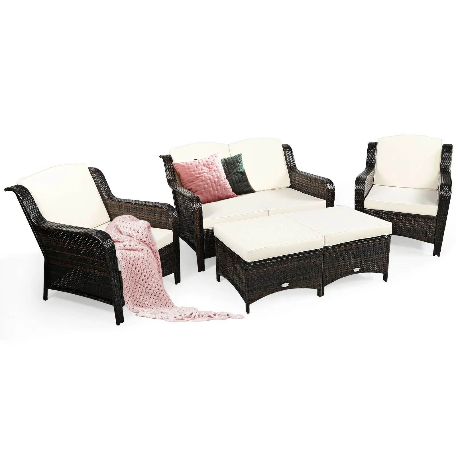 

Patiojoy 5PCS Patio Rattan Furniture Set Loveseat Sofa Ottoman Off White Cushion HW67702WH+