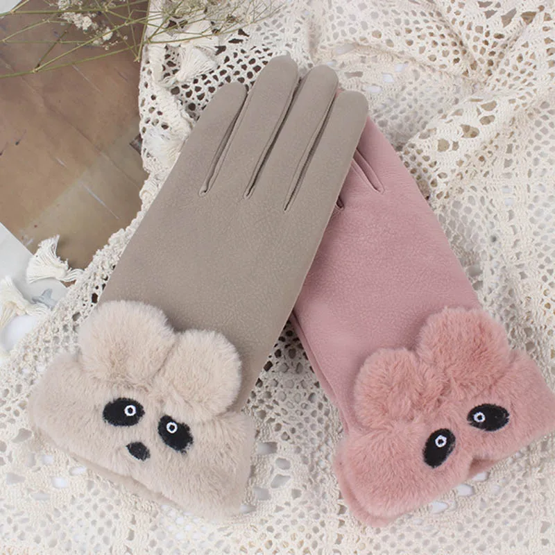 

New Women Gloves Autumn Winter Plush Furry Warm Mitts Full Finger Mittens Cute Bear Women Outdoor Female Touch Screen Gloves