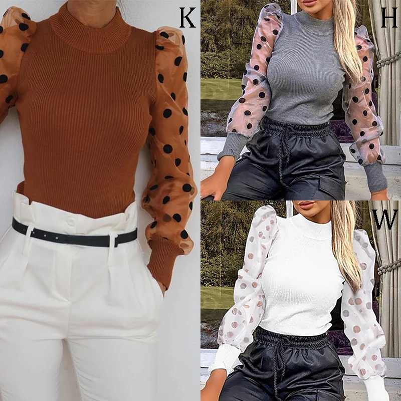 

Women Long Sleeve Polka Dot Pattern Patchwork Knitted Jumpsuit Bodysuit Bodycon Romper Casual Playsuits 3Colors
