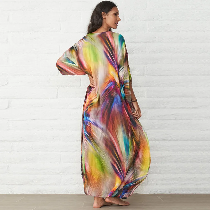 

WEPBEL Dress Women's Fashion Loose Long Sleeve Beach Print Dress Spring and Autumn Leisure V-neck Tie-Dye Dress