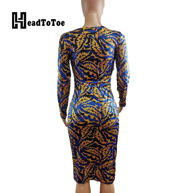 

Leaf Pattern Print Colorblock Midi Dress Sexy Women Deep V Neck Bodycon Dress
