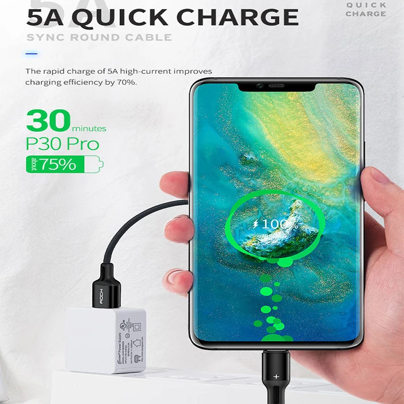 ROCK USB C кабель 5A Supercharge Type для Huawei p20 lite Быстрая зарядка Быстрый зарядный Samsung S9 8 Note |