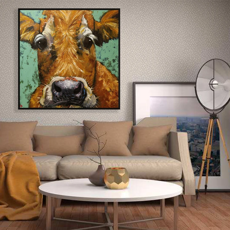 Картина на холсте желтая крупноглазная корова плакат печать Настенная картина