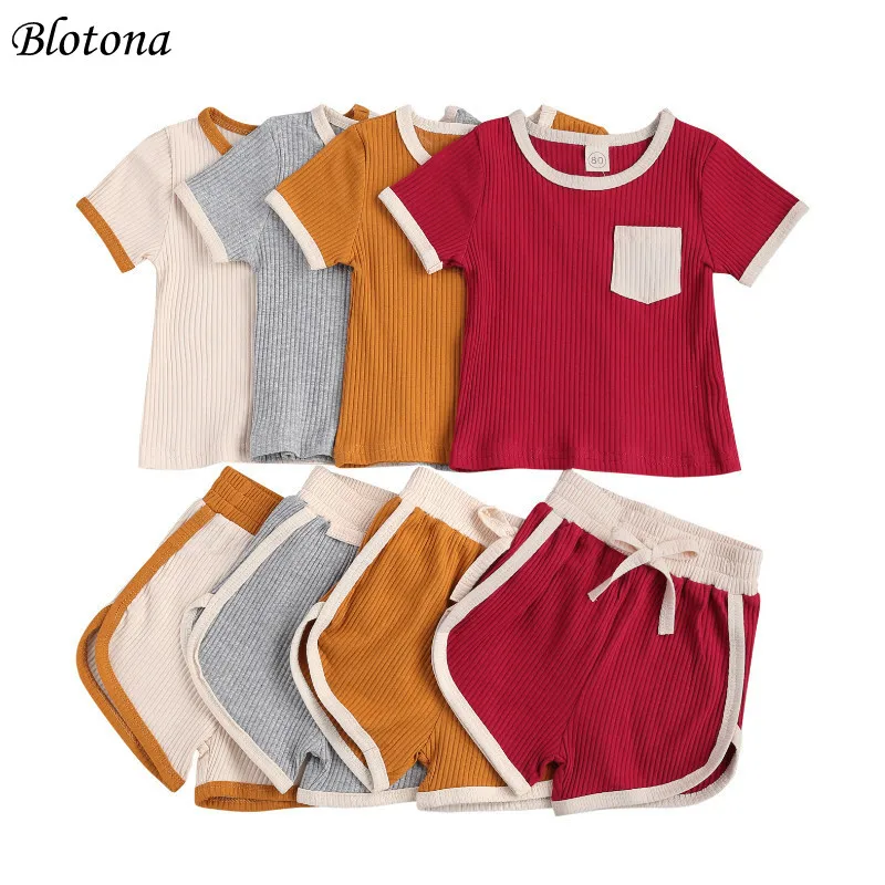 

Blotona Kids Baby Summer 2Pcs Outfit Block Color Ribbed Short Sleeve Pocket Top+Shorts Set for Boys Girls 6Months-4Years