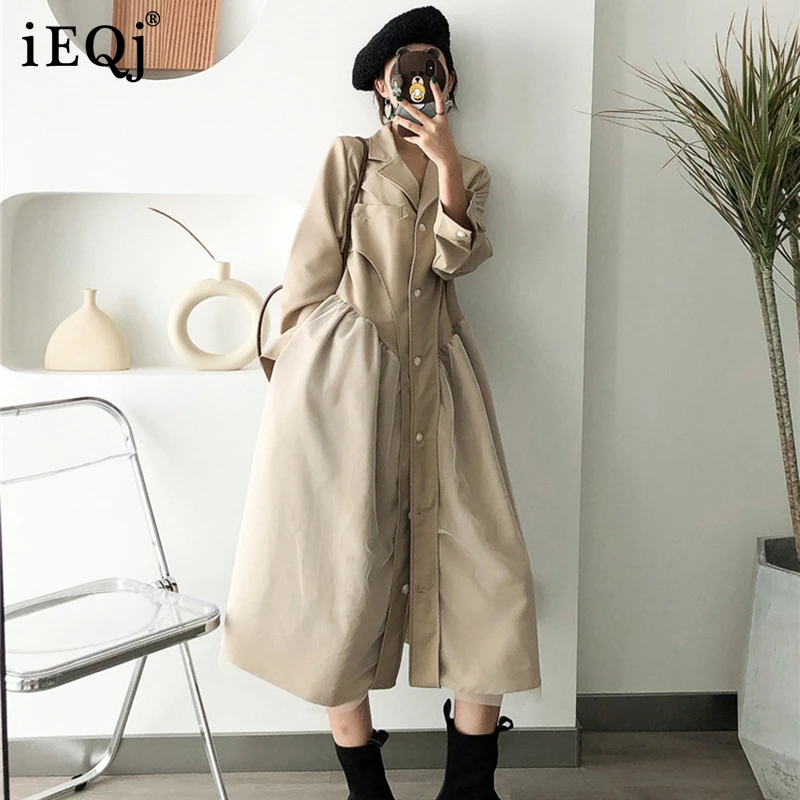 

IEQJ 2021 Autumn New Lapel Dress Women Long Sleeve Splicing Loose Solid Color A-line Mid-length Dresses Female Fashion 3W196