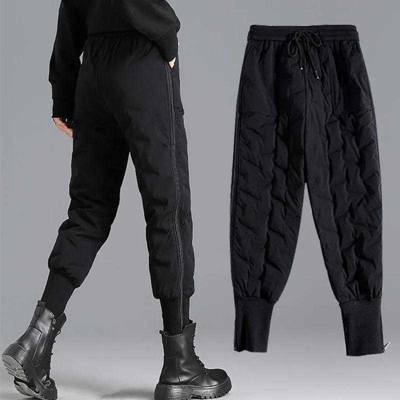 

Winter Down Cotton Trousers Thicken Women Wear High-waist Harem Pants Windproof Warm Black Side Zipper Trousers Slim Streetwear