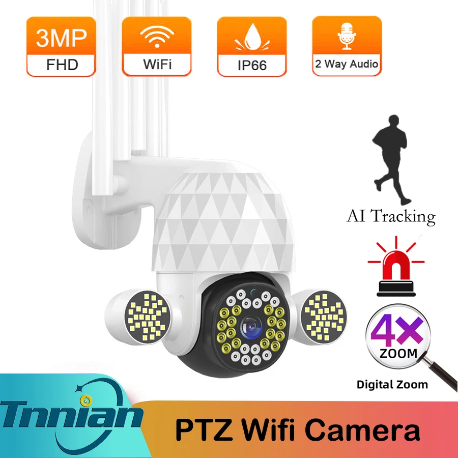 

IP-камера 3 Мп с Wi-Fi и автослежением, Водонепроницаемая PTZ-камера IP66 с ночным видением, датчиком движения, 4-кратным цифровым зумом, камера виде...