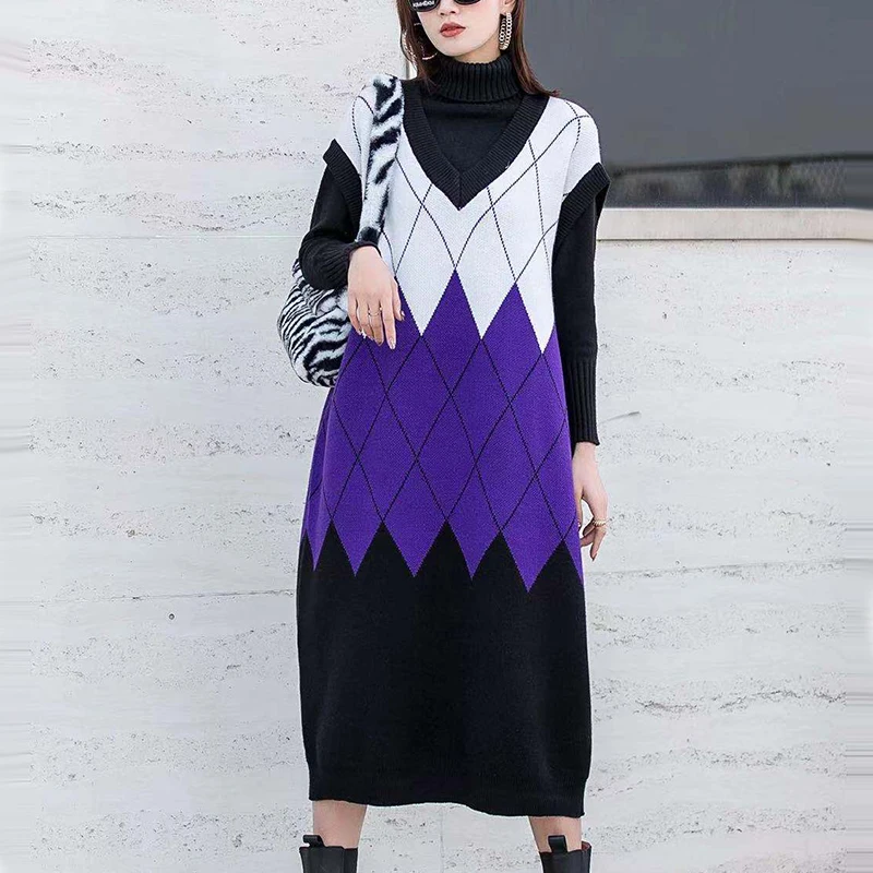 

XITAO Knitted Dress Fashion New Women Hit Color Patchwork Small Fresh Sleeveless 2020 Pullover Elegant Minority Dress ZY3546