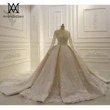 Robe de mariage длинный рукав кружева аппликация свадебное платье