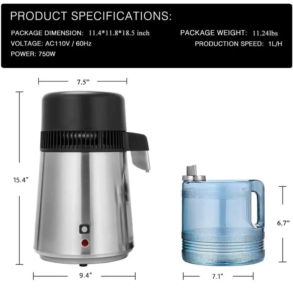 

110V 750W Countertop Water Distiller Machine Fully Upgraded Stainless Steel Home Water Purifier Stainless Steel Color US Plug