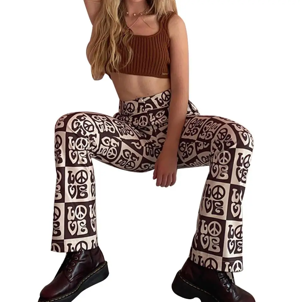 

Women Spring Printed Flared Flare Pants Fashion Graphic Print High Waist Split Hem Skinny Work Lounge Pants