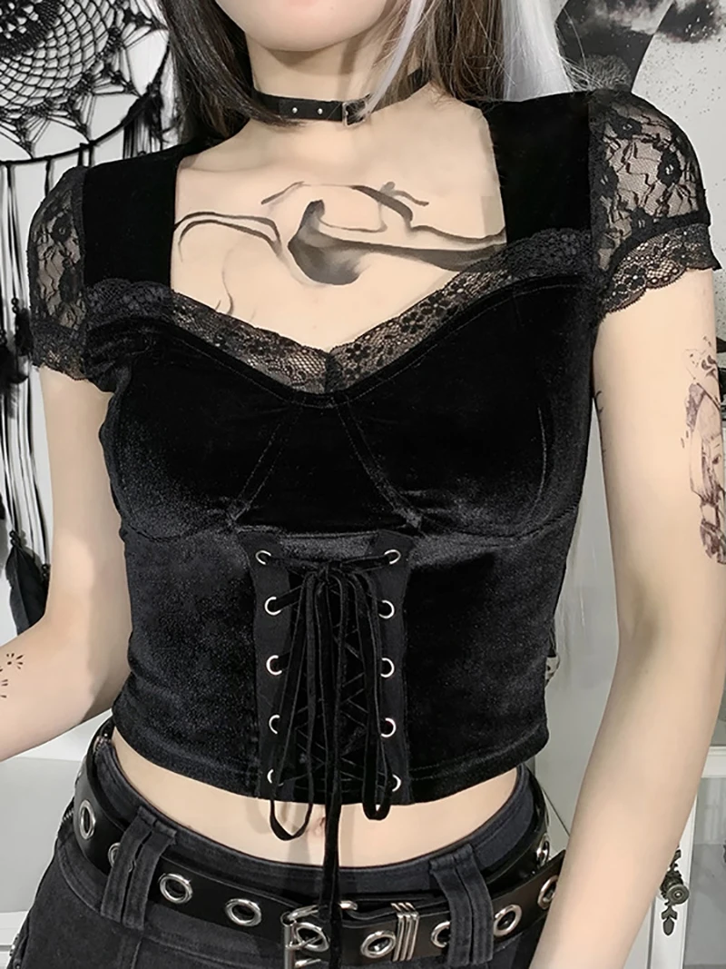 

NANXI Black Velvet Lace Patchwork Square Collar Crop Top for Women Short Sleeve Lace Up Bandage Gothic Clothes T-Shirt Clubwear