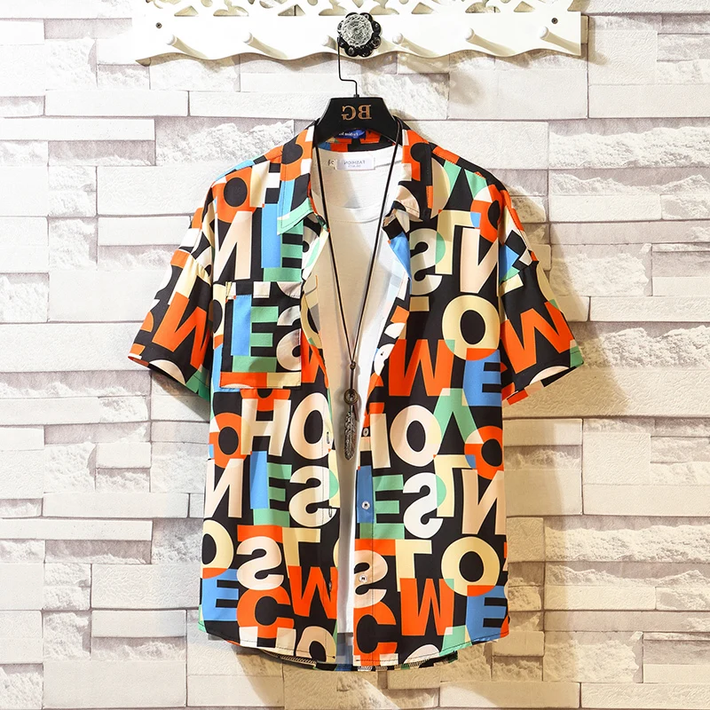 

Hawaiian Print Shirt Men Casual Beach Summer Letter Oversize Short Sleeve Blouse Top Male Plus Size 5XL