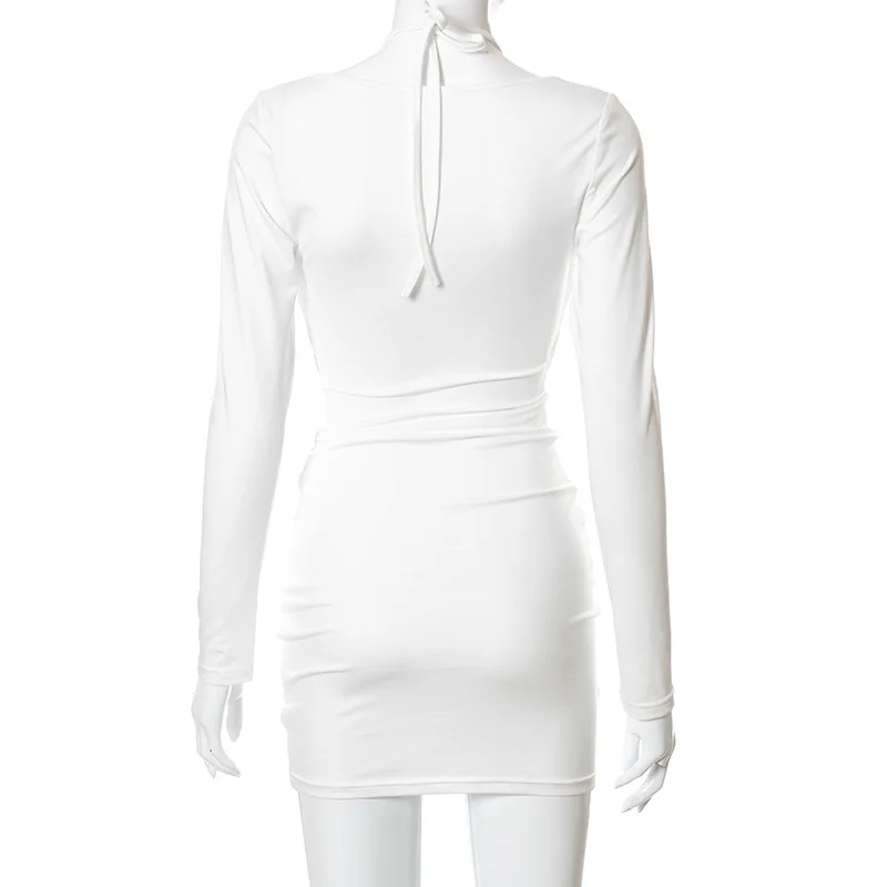 

White Halter Bodycon Mini Dress Women Hollow Out Ruched 2021 Summer Long Sleeve High Waist Drawstring Party Skinny Dresses Lady