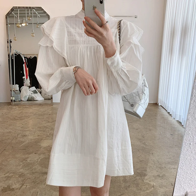 

Women Dress Korean Chic Autumn Sweet Lantern Sleeve Doll Skirt Lace Collar Short Skirt Long Sleeve Dress