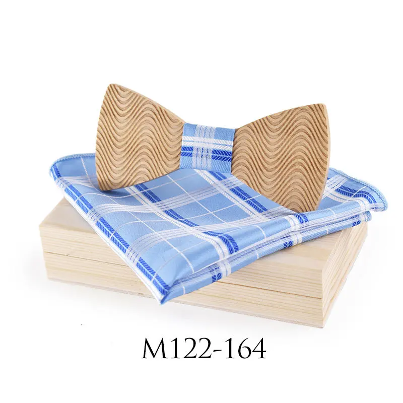 

Sitonjwly Personality Wood Bowtie Handkercheif Set for Mens Plaid Pocket Square Wedding Hollow Craved Male Bowtie Set With Box