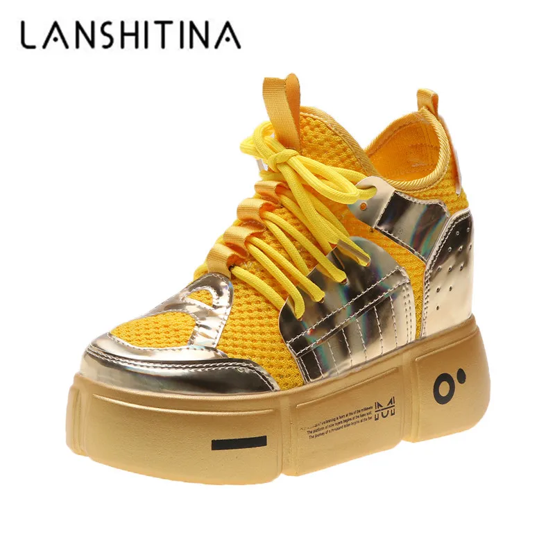 2019 осенние модные кроссовки на платформе женская разноцветная обувь каблуке 9 см