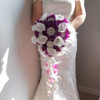 crystal with rhinestone bead purple cascading wedding bouquet white calla waterfall mariage champetre bouquet fleur artificielle