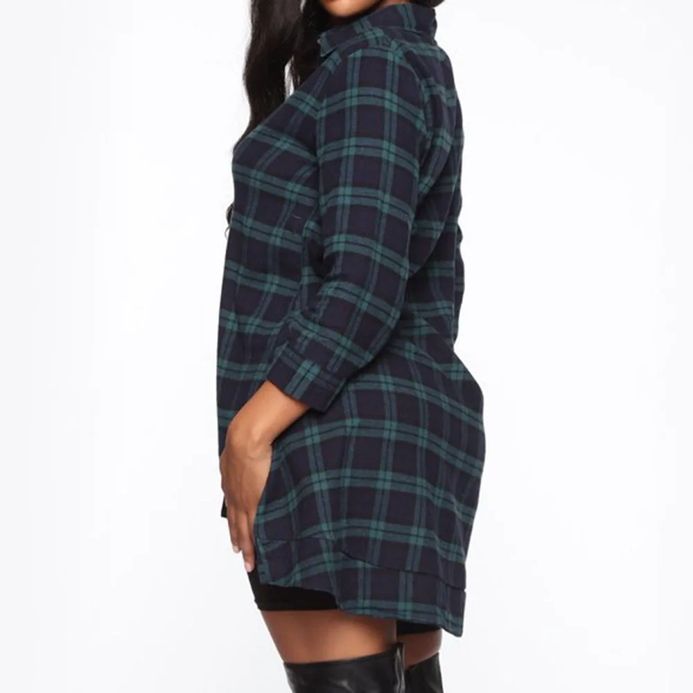 Повседневная Зеленая клетчатая блузка женские асимметричные топы большие