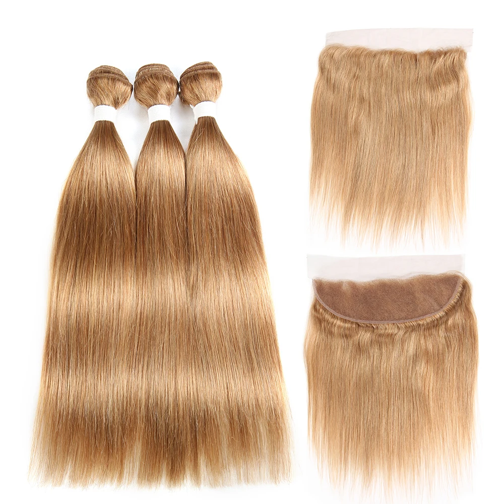 

Honey Blonde Color 3/4PCS Brazilian Straight Bundles With Frontal 13x4 SOKU Human Hair Weave Bundles Non-Remy Hair Extension