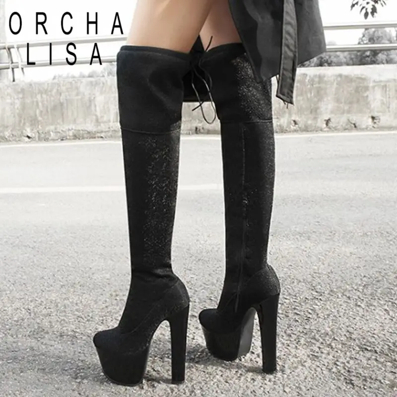 

ORCHA LISA/женские Сапоги выше колена; Женские сапоги круглый носок 17 см; Женские туфли на платформе с застежкой-молнией и шнуровкой Bling Красочны...