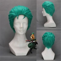 roronoa zoro comic cosplay wigs anime one piece slicked back green short layer high temperature fiber hair wig wig cap