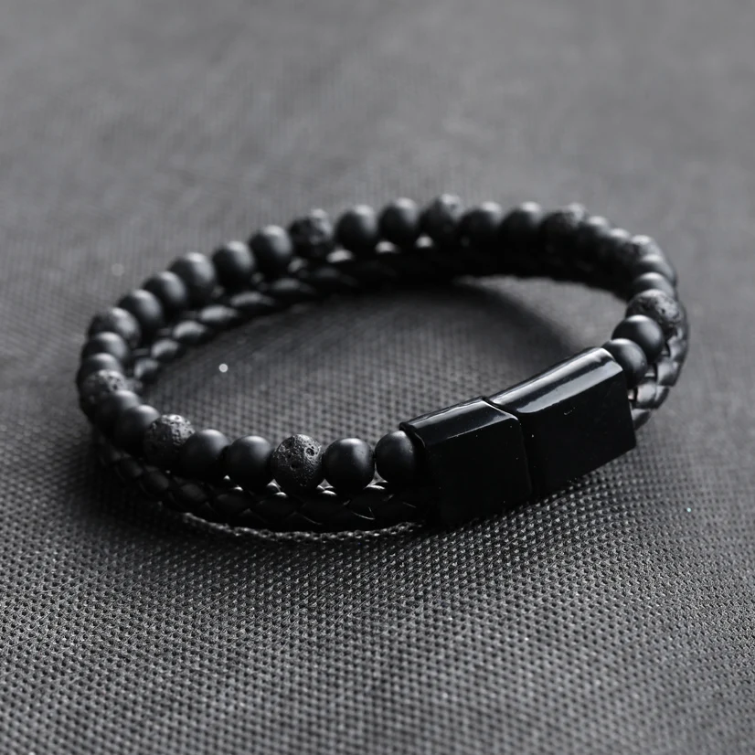 Fashion Men Jewelry Genuine Leather Bracelet Black Stainless Steel Magnetic Clasp Tiger eye Natural Stone Bead Bracelet Men