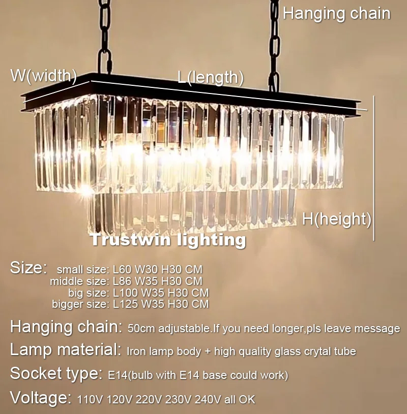 

Crystal Glass Tube LED Pendant Lamp Light Rectangular Square Foyer Living Dinning Room Ceiling Hanging Lamp RH American Classic