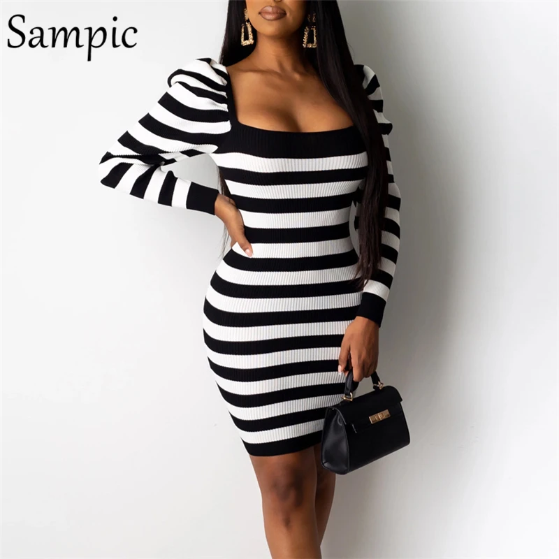 Sampic сексуальное женское Полосатое Пышное трикотажное платье свитер с длинным