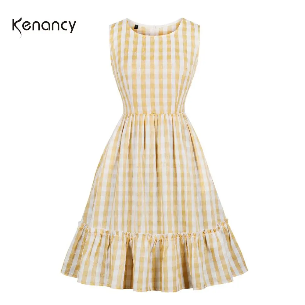 Женское платье в стиле ретро Kenancy Check винтажное без рукавов с оборками и круглым