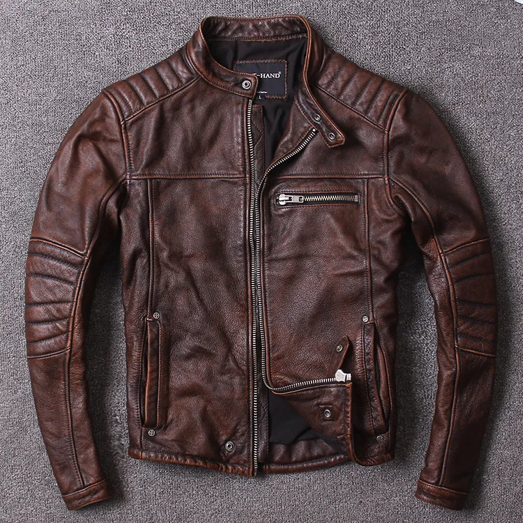 

Autumn short stand collar slim leather jacket men's leather locomotive coat top layer leather coat