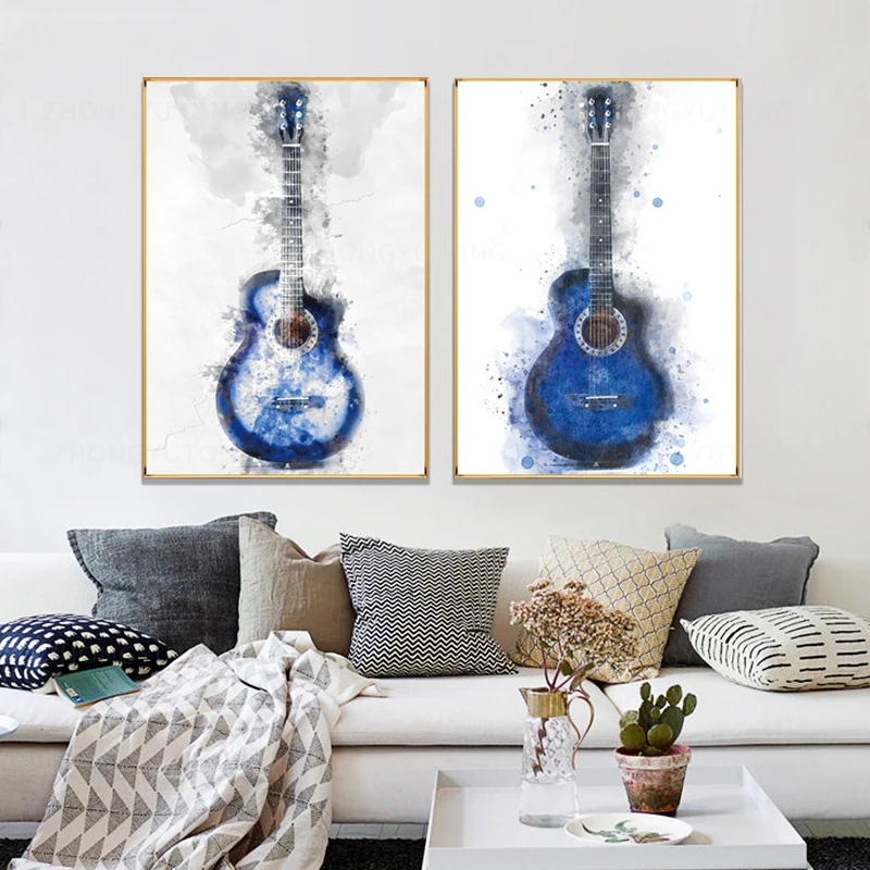 Abstract Watercolor Blue Guitar Painting Musical Instruments Home Decor Modular Canvas Pictures | &amp Calligraphy