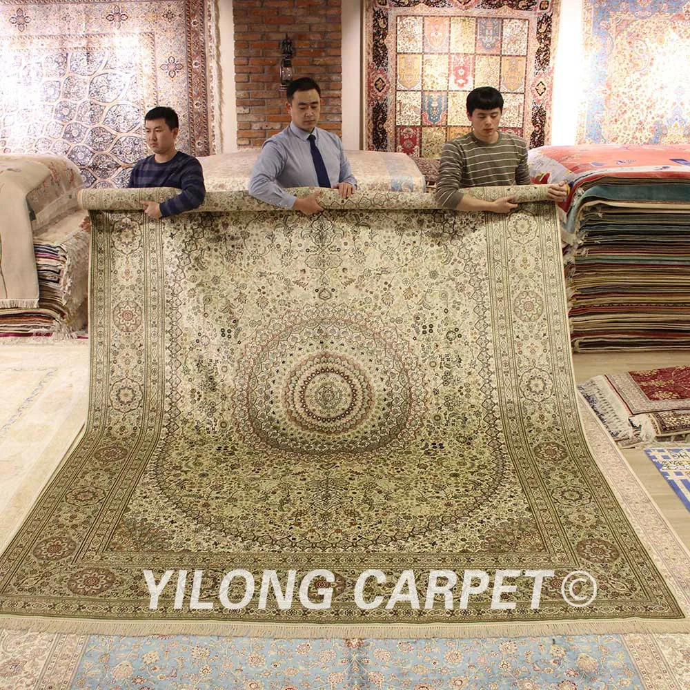 Goede Yilong 9'x12 'Vantage Grote Perzische Zijden Kleed Antieke Medaillon Kashmiri Handgemaakte Tapijt (YJH249A)