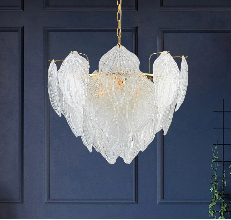 Современная Золотая Минималистичная стеклянная люстра в форме листьев с перьями