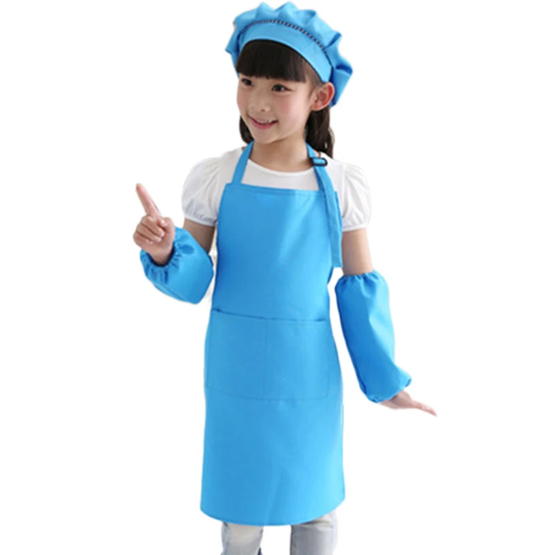 

New Kids Full Apron Bib Set with Pocket and Hat Sleeves Craft Kitchen Chef Cooking Art Children Diy Apparel Blue