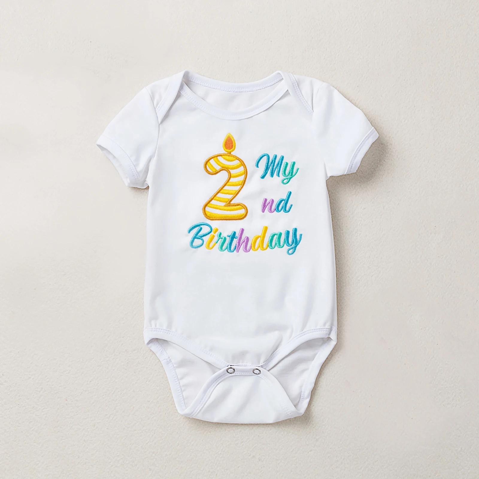 

Parent-Child Outfit Newborn Baby Short Sleeve Clothes T-shirt Cotton Birthday Embroidery '2' Candle Design Costume