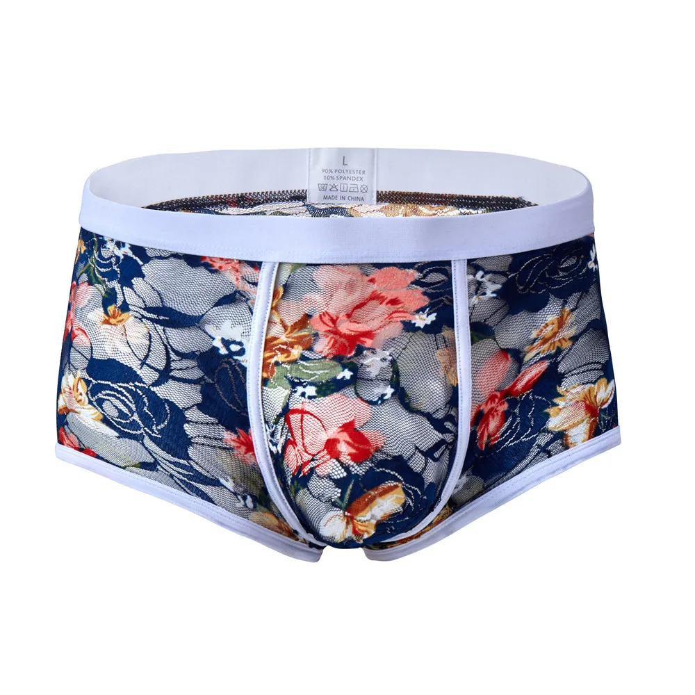 

Sexy Gay Underwear Men Boxer Shorts Lace Transparent Panties Print Low Waist U Convex Pouch Underpants Cueca calzoncillos M-XXL