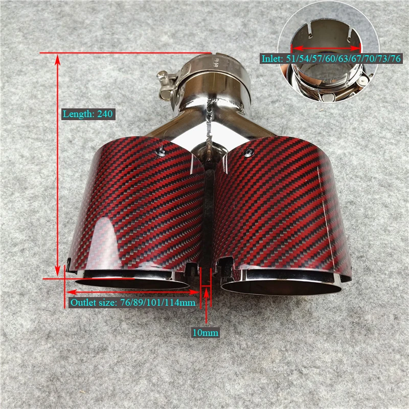 

ONE PCS Car Exhaust System Red Carbon Fiber + 304 Stainless Steel Exhaust Tips Universal Car Muffler End Pipe