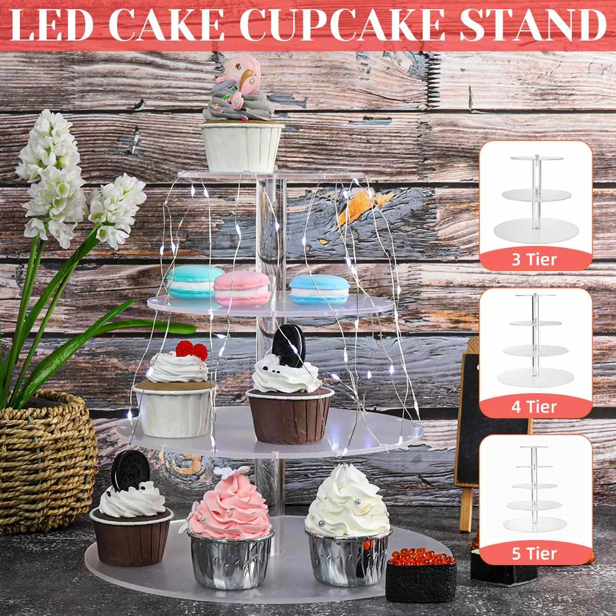 

4Layers Acrylic Cake Rack Stand With LED Lights Wedding Plates Party Tableware Festival Decor String-Lights Pastry-Stand Cupcake
