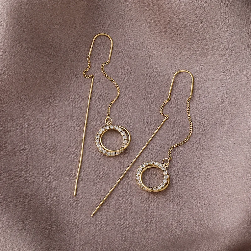 

S925 Sterling Silver Circle Zirconia Long Ear Thread Jewelry Women's Tassel Earrings