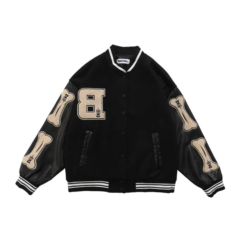 

Men's Hip Hop Baseball Jacket Coats Furry Bone Letter Patchwork Optional Harajuku College Style Bomber Men Oversize M-2XL