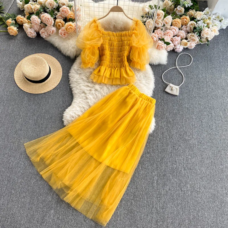 Женский летний комплект из двух предметов милый короткий сетчатый эластичный