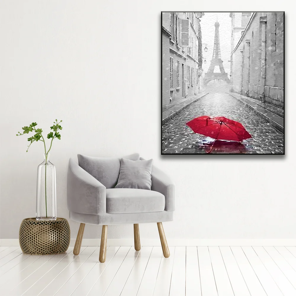 Картина для раскрашивания по номерам на холсте черно-белые с красными зонтиками |