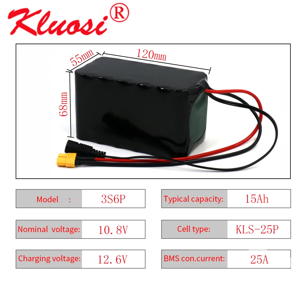 

KLUOSI 12V 15Ah 12V Батарея 3S6P 10,8 V 12,6 V литиевая Батарея Пакет 250 Ватт высокое Мощность для мотороллера светильник с 25A BMS XT60